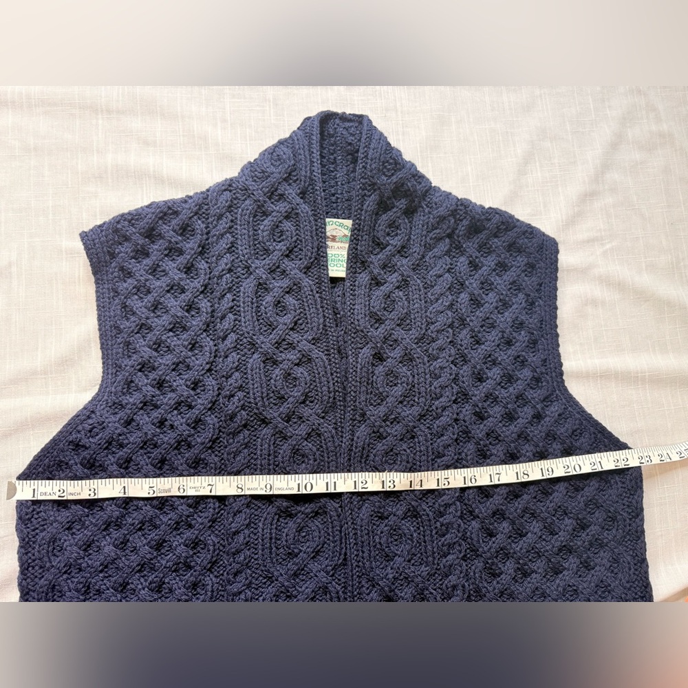 Aran Craft Merino Wool Open Front Vest with Pockets Navy Blue Cable Knit M - Picture 8 of 10